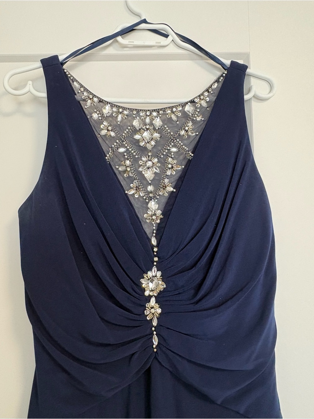Cachet Navy Beaded Illusion-Panel Prom Dress